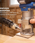 Slick Action 20V Cordless Trim Router Featuring Micro Adjustment Dial And Dual Led Lights For Tight Corners and crisp edges, showcasing vacuum adapter.