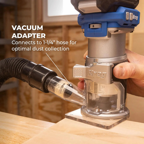 Slick Action 20V Cordless Trim Router Featuring Micro Adjustment Dial And Dual Led Lights For Tight Corners and crisp edges, showcasing vacuum adapter.