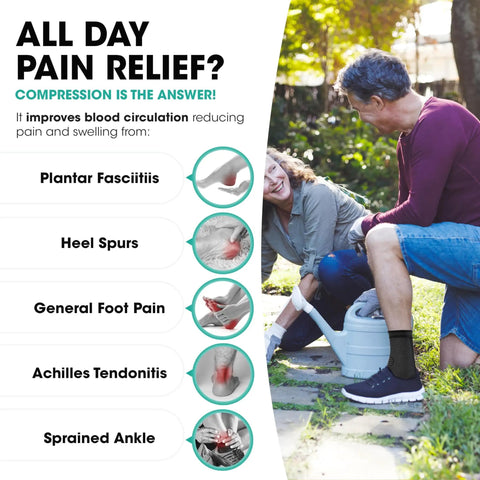 A man and woman outdoors, discussing ankle compression sleeve benefits for plantar fasciitis and sprained ankle relief.