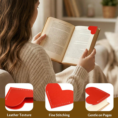 Handcrafted Leather Heart Page Corner Bookmarks For Women Teachers Soft Pu Leather With Clean Stitching Durable Reading Tools in use.