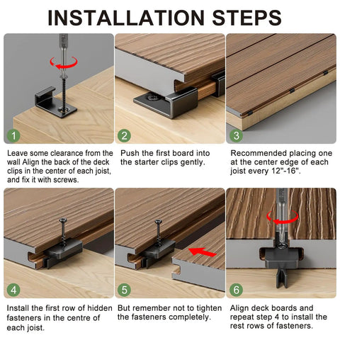Installation steps for No Sweat 500 Pack Polymer Hidden Deck Fasteners For Composite Backyard Patio Builds showing board alignment and fastener placement.