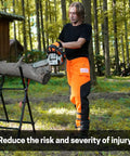 Man using chainsaw while wearing Chainsaw Chaps With 8 Layer Protective Material Adjustable Apron Wrap For Loggers And Forest Workers
