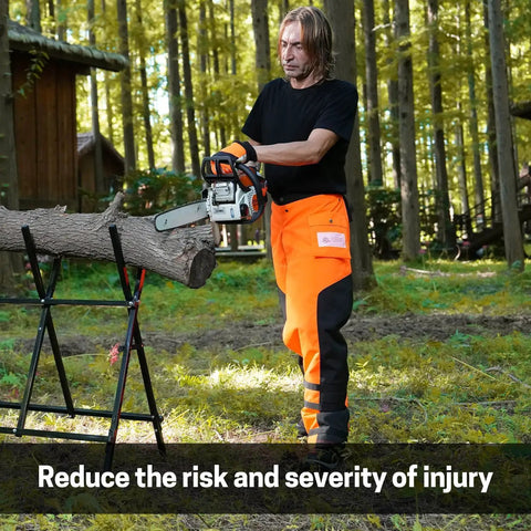 Man using chainsaw while wearing Chainsaw Chaps With 8 Layer Protective Material Adjustable Apron Wrap For Loggers And Forest Workers