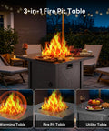 28 Inch Propane Fire Pit Table, 3 In 1 Outdoor Gas Fire Pit With Lid And Lava Rock, 50,000 BTU Steel Fire Pit For Patio Deck Garden And Outdoor Gatherings, Cozy Vibes, Warmth And Ambience For Any Evening Hangout in garden setup with food and drinks.