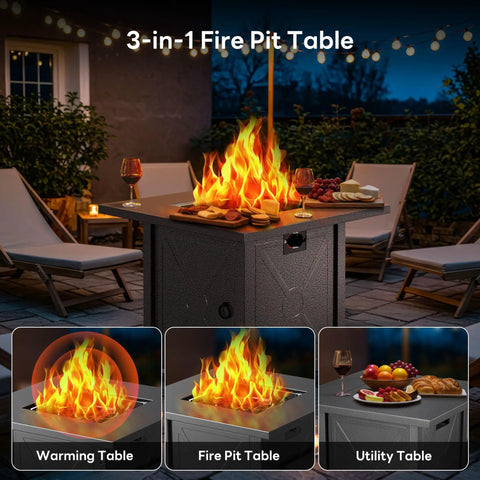 28 Inch Propane Fire Pit Table, 3 In 1 Outdoor Gas Fire Pit With Lid And Lava Rock, 50,000 BTU Steel Fire Pit For Patio Deck Garden And Outdoor Gatherings, Cozy Vibes, Warmth And Ambience For Any Evening Hangout in garden setup with food and drinks.