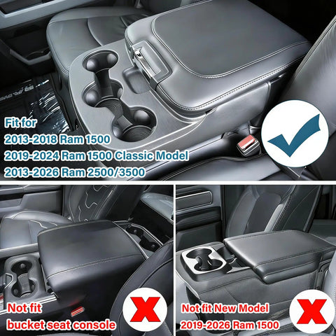 Dodge Ram Center Console Hanging Organizer Box For 2013-2024 Ram 1500 Classic And 2013-2026 Ram 2500 3500 Jump Seat Fits Armrest Cup Holder Expander Storage Tray in various installation views.