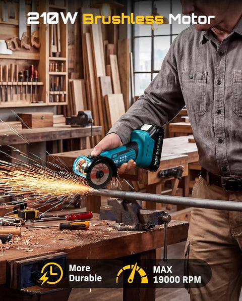 Person using Cordless Mini Angle Grinder 3 Inch Brushless, 19000 RPM, 21V 2.0Ah Batteries, 7 Cutting Discs, 210W Power on metal