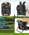 Person holding Backpack Stool Chair With Cooler All In One Heavy Duty Folding Seat For Camping And Fishing 300 Lb Max Load Portable Lightweight Camp Stool Cooler For Hunting Black, showing seated and backpack positions.