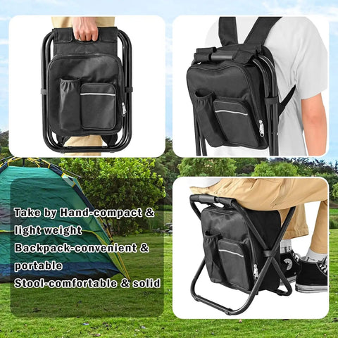 Person holding Backpack Stool Chair With Cooler All In One Heavy Duty Folding Seat For Camping And Fishing 300 Lb Max Load Portable Lightweight Camp Stool Cooler For Hunting Black, showing seated and backpack positions.
