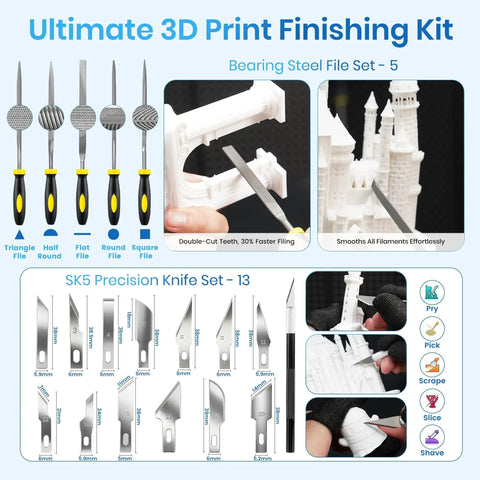 Boss Level 184-Piece 3D Printer Tools Kit showing file and knife set with organizer for FDM and SLA printers
