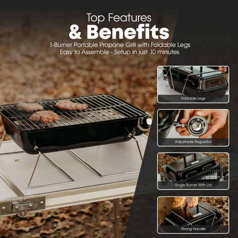 GPT 25 Propane Burner Grill With Foldable Legs For Camping And Tailgate Ready Portable BBQ Grill With Adjustable Regulator