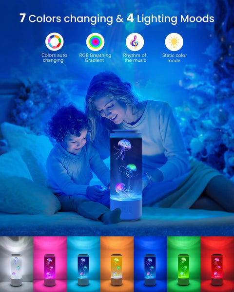 Mother and child enjoying Jellyfish Lamp Bluetooth Speaker With White Noise, 7 Color Changing Ocean Tank Light, relaxing at home.