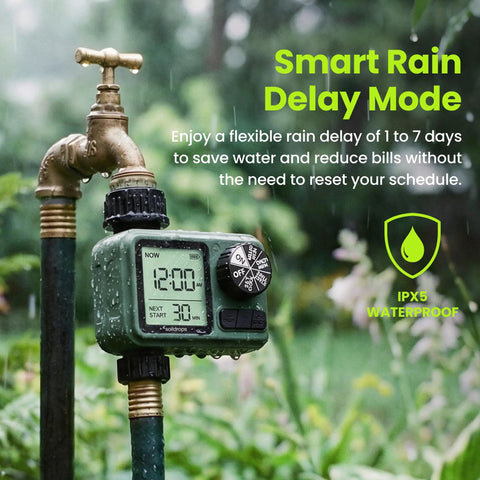 Programmable Garden Hose Sprinkler Timer With One Or Two Outlet Controller Self Cleaning Valve featuring IPX5 weatherproof build
