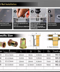 Rivet Nut Installation guide with tool and dimensions for Pro Grade Hand Rivet Nut Tool With A Hella Solid 660 Piece Metric Thread Insert Assortment.