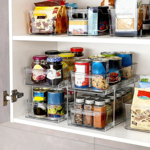 Two Tier Clear Organizer With Dividers For Kitchen Pantry Medicine Cabinet Bathroom Vanity And Under Sink Slide Out Storage Bin For Countertop Or Cabinet Multiuse See Through Organizer Keeps It Neat filled with various kitchen items.