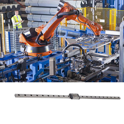 Black Linear Rail Guide 12mm Wide 550mm Length Miniature Precision Linear Motion System with robotic arm in factory setting.