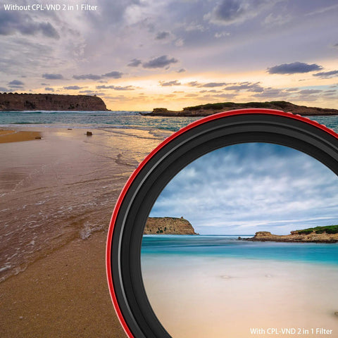 82mm Pro II Multi Coating Circular Polarizer And Variable Neutral Density Filter showing enhanced beach scene