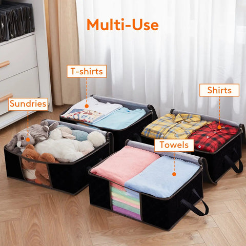 Three Six Pack Foldable Clothes Storage Bins With Clear Window And Reinforced Handles containing folded shirts and toys.