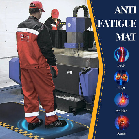 Heavy-Duty Anti-Fatigue Standing Mat 39 By 20 Inches With Safety Yellow Border Built For Long Shifts Ergonomic Cushioning shown in workshop.