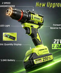 Heavy Lifting 21v Brushless Cordless Drill And Driver With Two Speed Gears Includes 20ah Lithium Battery Fast Charger And Rugged Carry Case, showing LED light and electric display.