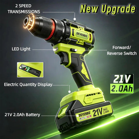 Heavy Lifting 21v Brushless Cordless Drill And Driver With Two Speed Gears Includes 20ah Lithium Battery Fast Charger And Rugged Carry Case, showing LED light and electric display.