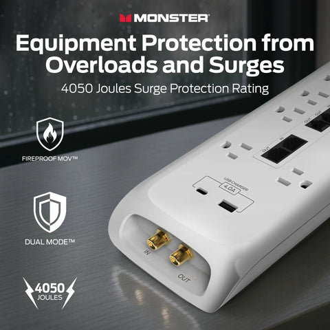 Heavy Duty Surge Protector With 4050 Joules Rating, showing coax ports and branding, white.