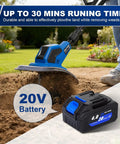 Cordless 20V Garden Tiller Cultivator with 8.7 inch width in action, battery and charger shown for fast soil cultivation.