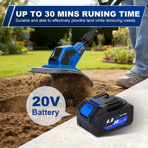 Cordless 20V Garden Tiller Cultivator with 8.7 inch width in action, battery and charger shown for fast soil cultivation.