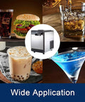 Countertop Ice Cube Maker Machine, Stainless Steel And Food Grade Abs, Portable Automatic Quick Freeze Unit For Home Bar displayed with drinks.