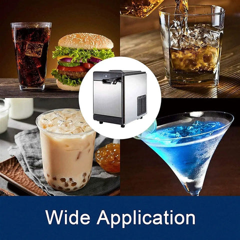 Countertop Ice Cube Maker Machine, Stainless Steel And Food Grade Abs, Portable Automatic Quick Freeze Unit For Home Bar displayed with drinks.