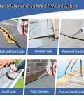 Collage of images showing application of crack filler on wall, driveway, pavement, roof, patio, and pool deck cracks