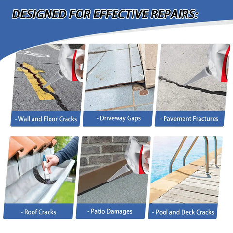 No Fuss Self Leveling Asphalt Crack Filler And Driveway Repair Sealant For Concrete Joints Blacktop Roads Fast Cure Waterproof Patch Kit Easy Application Smooth Finish With Six Pack Value Bundle shown repairing various surface cracks.
