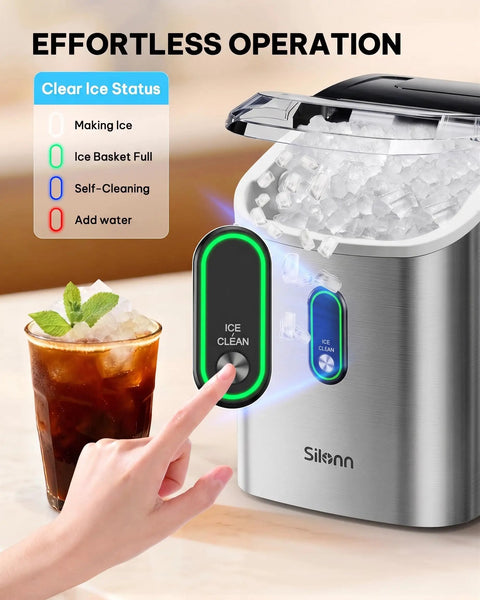 Snappy Countertop Nugget Ice Maker With SelfClean Tech, showing controls and ice, ideal for quick beverage chilling.