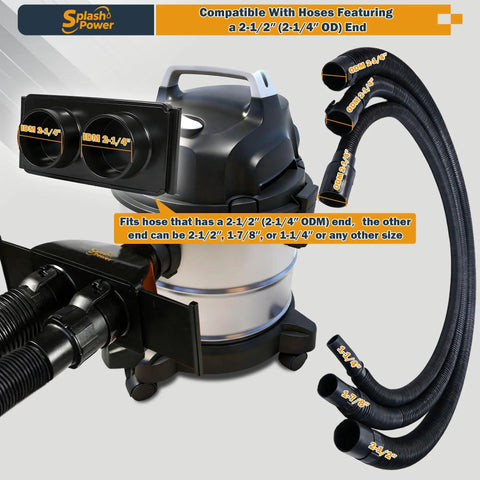 SplashPower 2.5 Inch Shop Vac Y Connector Splitter Dual Hose Adapter for Wet Dry Vacuum with dual hose fittings and black design.