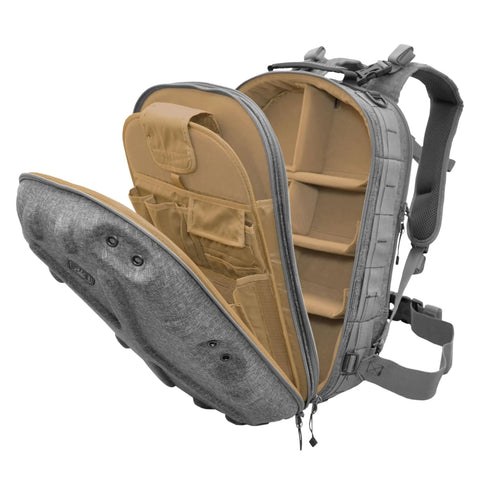 Impact-Resistant Hardshell Camera And Drone Backpack With External Mounting System For Photographers, Content Creators And Drone Pilots open to show compartments