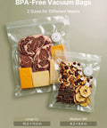 BPA-free vacuum bags with meats and snacks, compatible with Compact Food Vacuum Sealer With 65KPa Suction, Auto And Manual Modes.