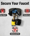 Hardcore Gate Valve Locking Device With Password Lock installed on faucet, black metal, weatherproof, stops unauthorized use, no install required.
