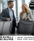 Two professionals carrying business travel garment bag at airport