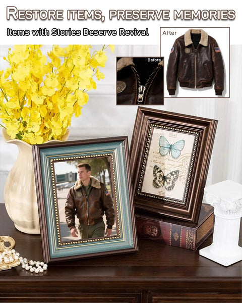 Framed jacket and butterfly images on table with text highlighting repair stories