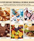 Images showing various items for which 20 Pack 9x11 Inch Thermal Bubble Mailers With Insulated Metallic Foil are used, including bread, pills, cosmetics, chocolates, fruits, and a burger.