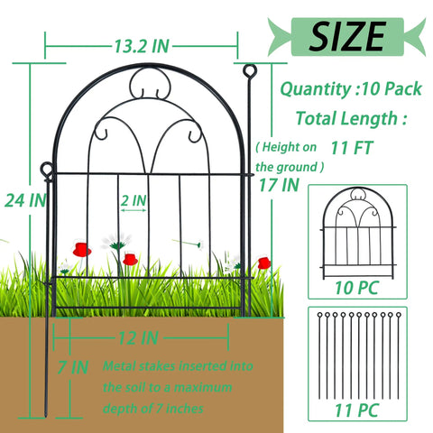 Diagram of Sturdy Rustproof Garden Fence Panels 11ft Long By 21in High 10 Pack No Dig Metal Fence For Yard Dog Barrier Pet Safe.