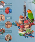 Hella Tough Parrot Chew Toys Crafted From Natural Wood Hemp Rope Corn Cob And Sweet Treat Nuts For Big Time Foraging Fun In Conure Cockatoo Parakeet Budgie Cage, featuring colorful pieces and a green bird on a hanging toy.