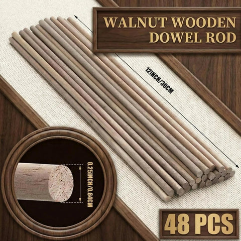 Top Shelf 48 Pack Walnut Dowel Rods 1/4 By 12 Inch Hardwood Sticks for no drama DIY crafts, neatly arranged.