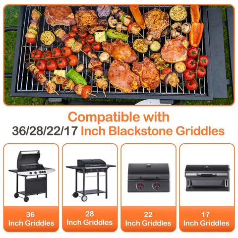 Assorted grilled foods on Blackstone griddle with icons showing compatibility for 17-36 inch griddles, emphasizing versatile use.