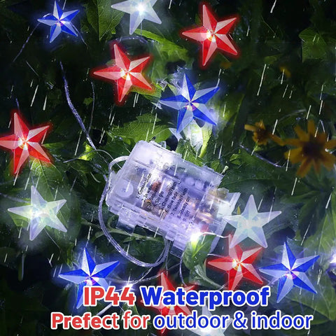 Red White Blue Patriotic String Lights 16Ft 50 LED Battery Operated With Timer And Remote for indoor outdoor use, in rain