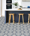 Blue Ezra Vinyl Peel And Stick Floor Tiles 12x12 In Set Of 10 Tiles 10 Sq Ft Per Carton Retro Vintage Art Deco Medallions kitchen