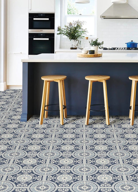 Blue Ezra Vinyl Peel And Stick Floor Tiles 12x12 In Set Of 10 Tiles 10 Sq Ft Per Carton Retro Vintage Art Deco Medallions kitchen