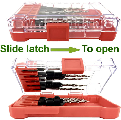 Top Shelf Depth Adjustable Countersink Drill Bit Set Measuring 11 64 Inch in durable case with slide latch for easy access.