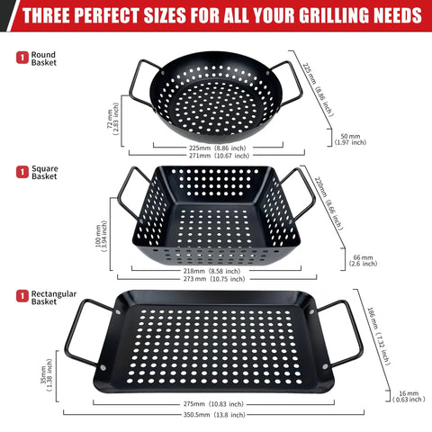 Small Nonstick 3 Piece Grill Basket Set showing round, square, and rectangular perforated heavy duty grill pans with handles.
