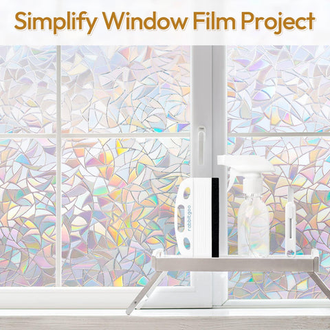 All In One Window Tint Kit For Easy Car Tinting With A Suede Squeegee Utility Knife And 120ml Spray Bottle Included shown against decorative window film.